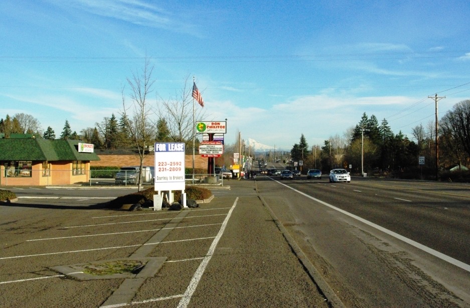 Tualatin Valley Highway through Aloha with Mount Hood on the horizon