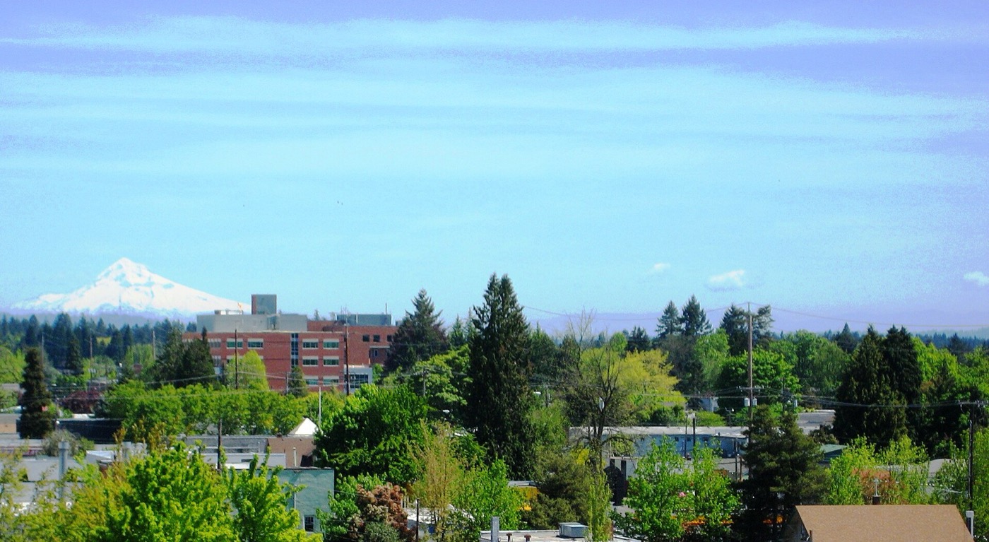 Treetops and buildings of downtown Hillsboro with snow-capped Mount Hood on the horizon