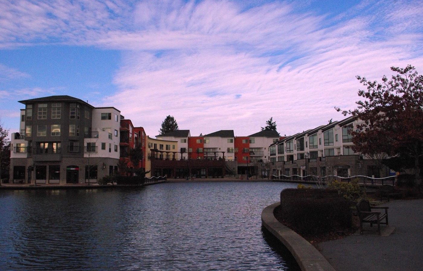 The lake and surrounding buildings at Tualatin Commons