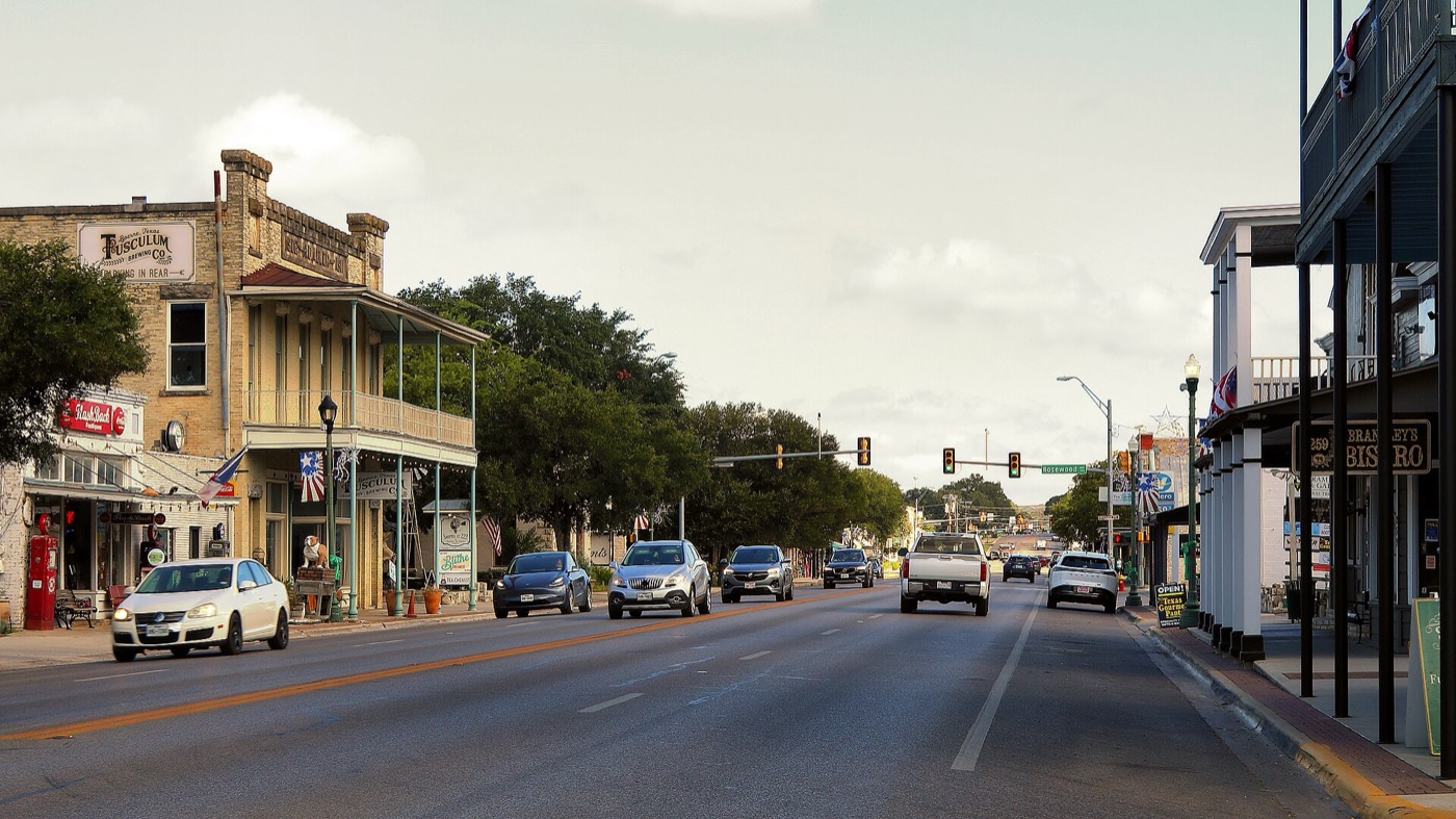 Main Street in Boerne lined with historic storefronts, August 2026