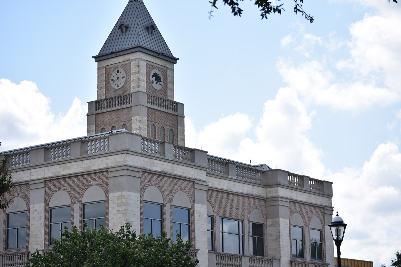 Clock tower and main building of the LaCenterra outdoor shopping center in Cinco Ranch