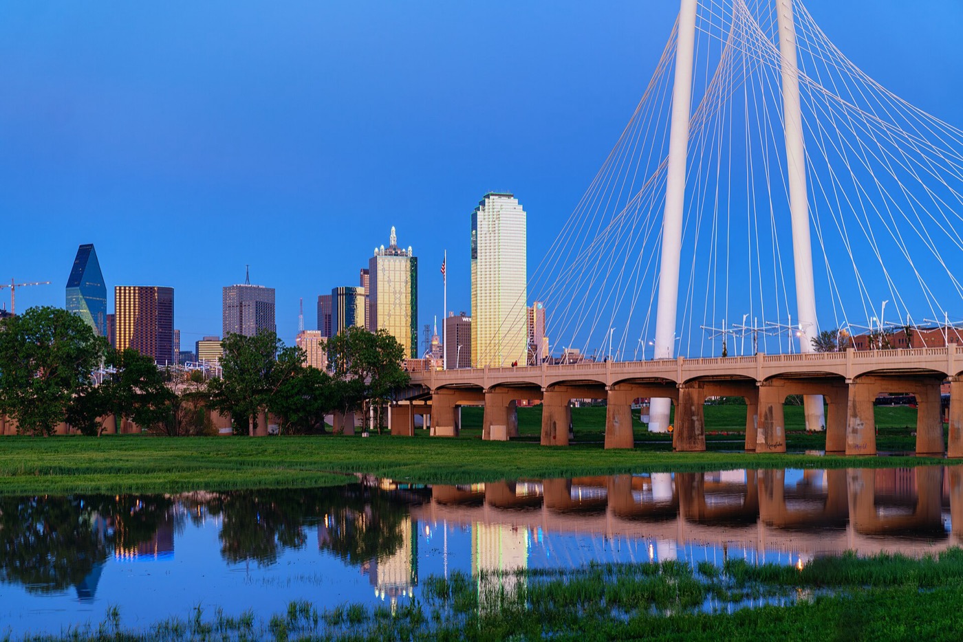Downtown Dallas skyline behind the Trinity River floodplain and the white arch of the Margaret Hunt Hill Bridge