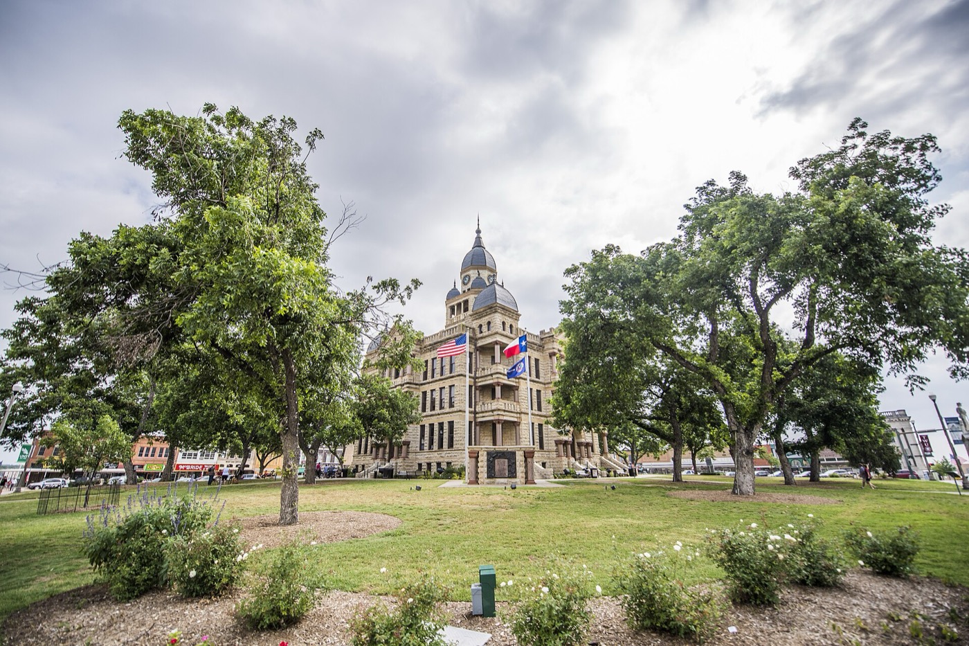 Historic Denton County Courthouse framed by trees on the downtown square