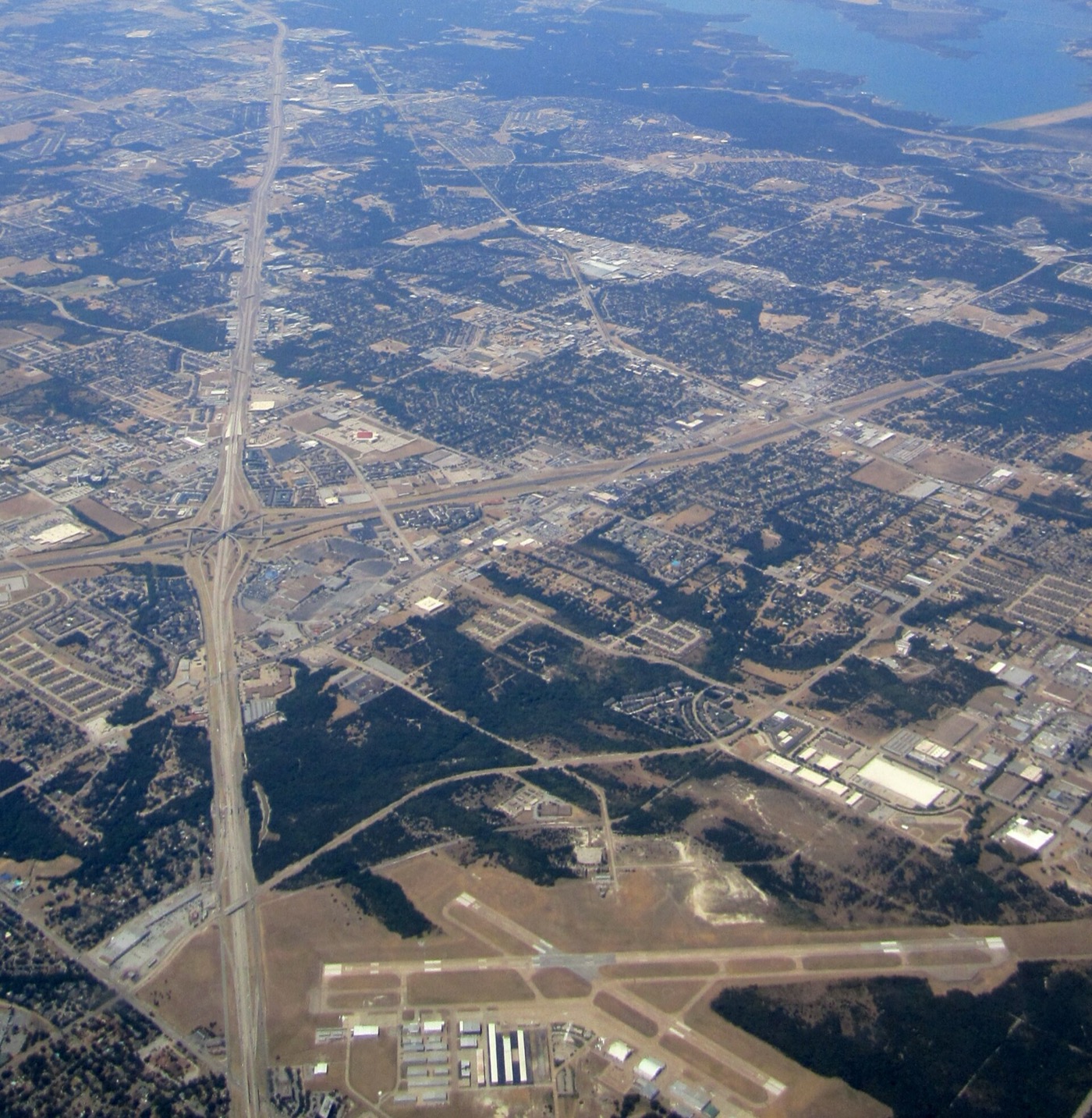 Aerial view of Duncanville, Texas with Joe Pool Lake in the distance