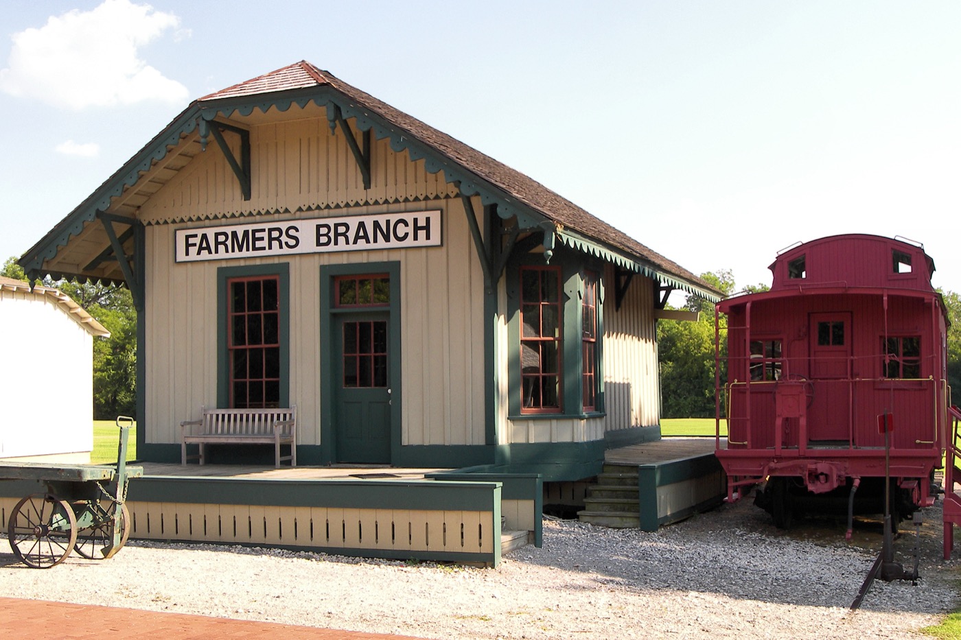 The restored original railroad depot in Farmers Branch, Texas