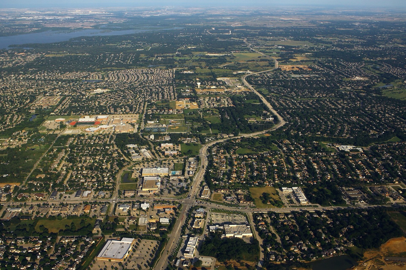 Aerial view of Flower Mound, Texas neighborhoods and tree cover