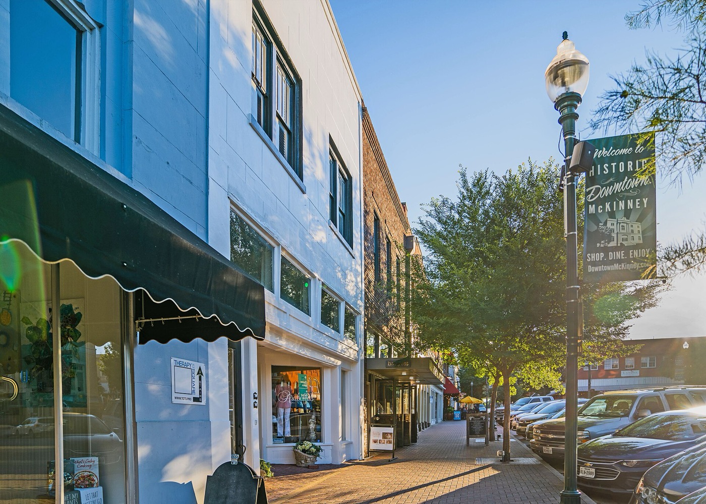 Shops around the historic McKinney town square at sunrise