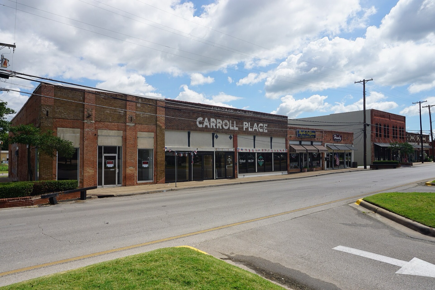 Storefronts along Main Street in downtown Mesquite, Texas