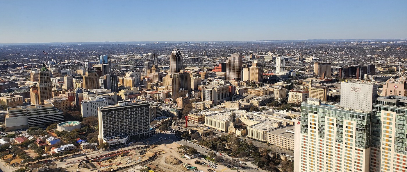 Downtown San Antonio skyline viewed from the Tower of the Americas, looking west over city buildings