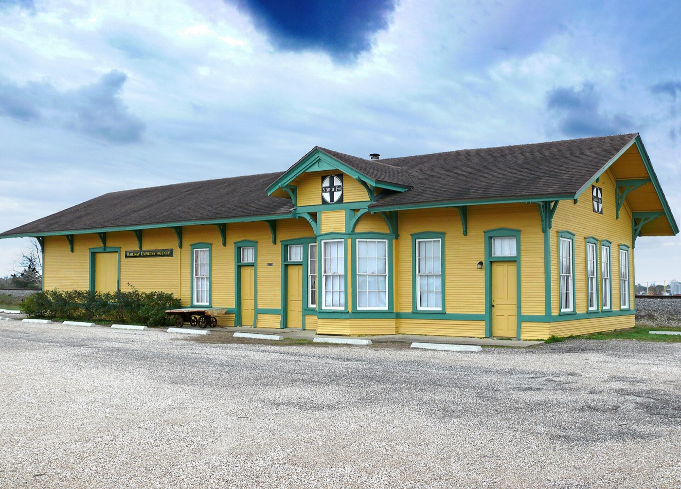 Restored Hitchcock railroad depot building in the Alta Loma area of Santa Fe, Texas