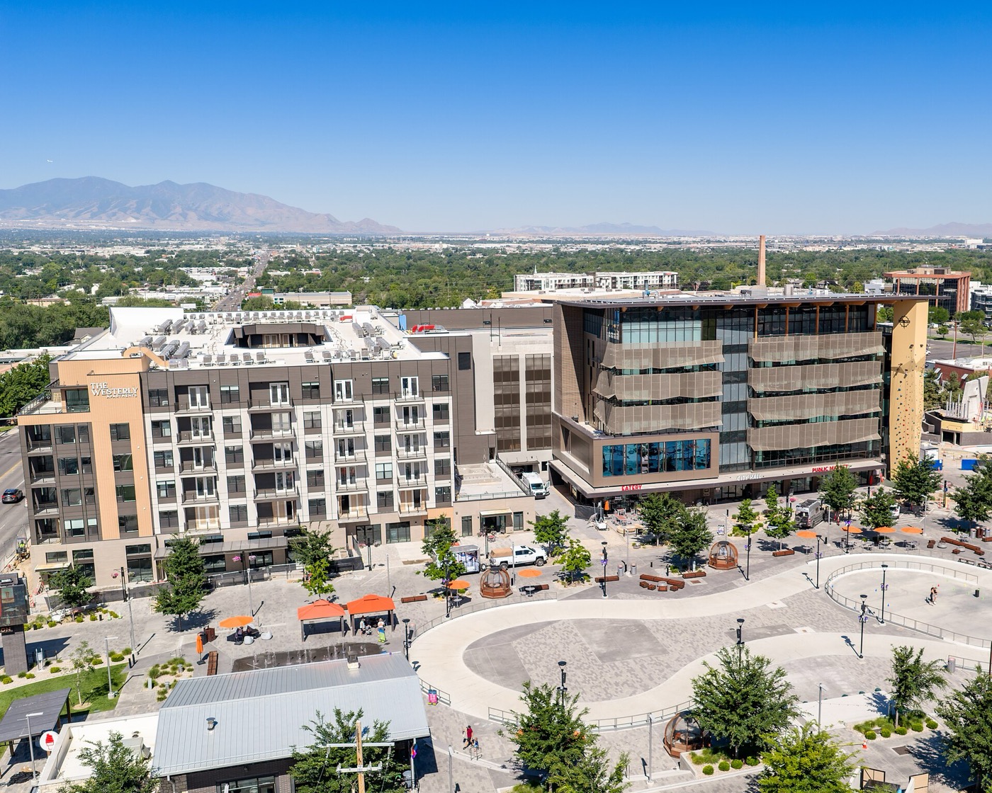 Millcreek City Hall and the Millcreek Common plaza with its skate loop and climbing wall
