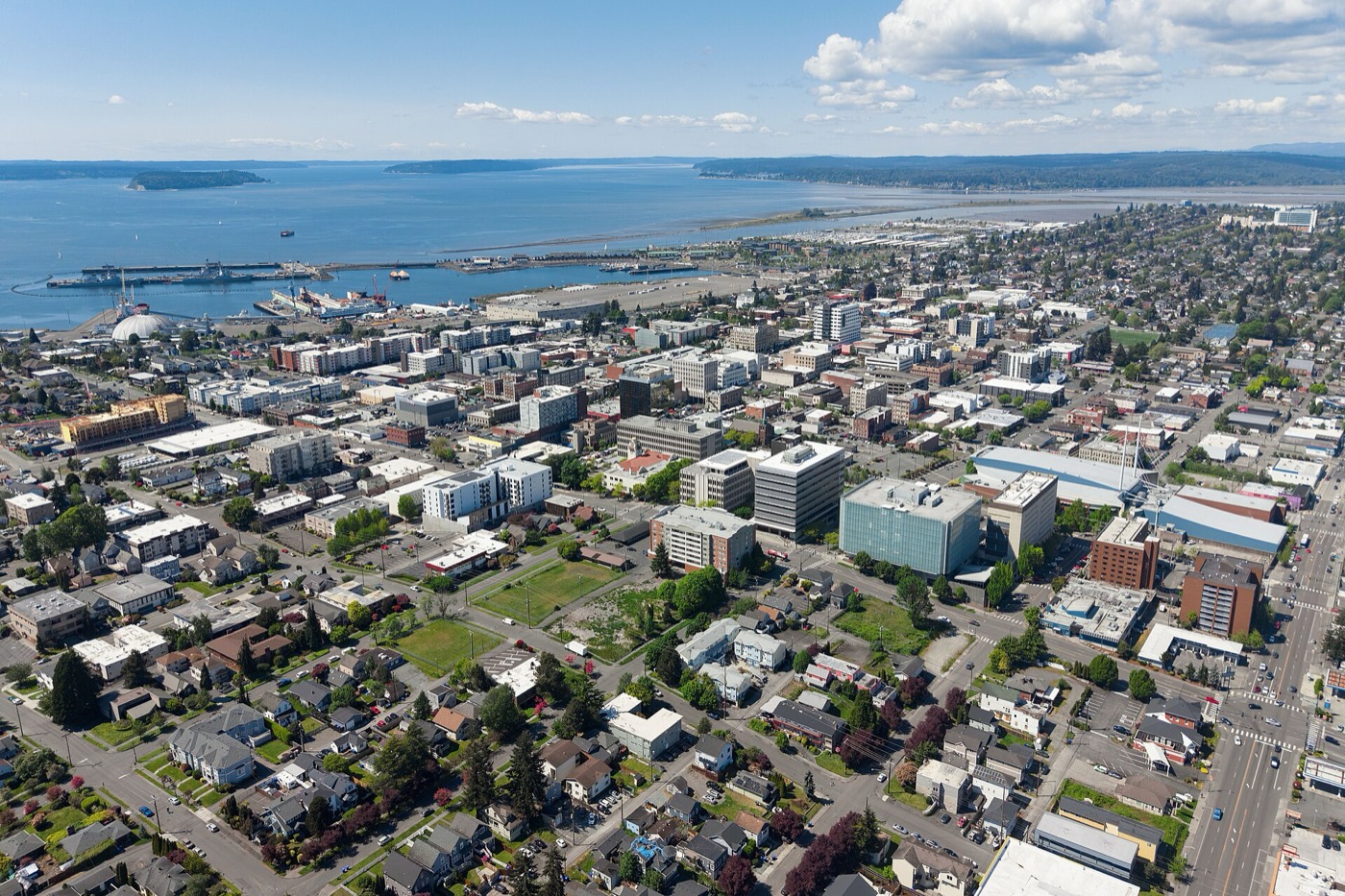 Aerial view of Everett's downtown and neighborhoods with Port Gardner Bay beyond