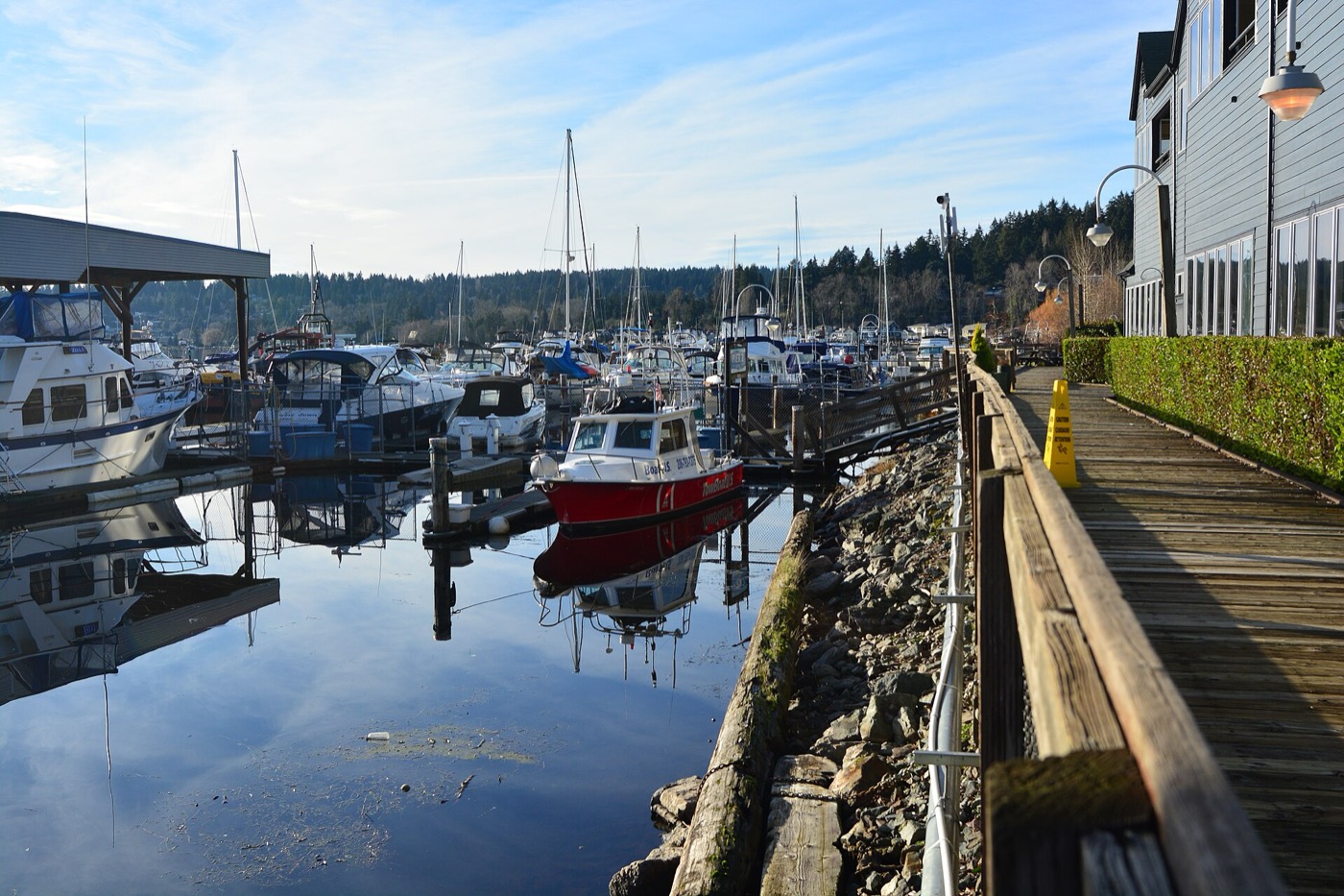 Boats moored at a marina on north Lake Washington near Log Boom Park in Kenmore
