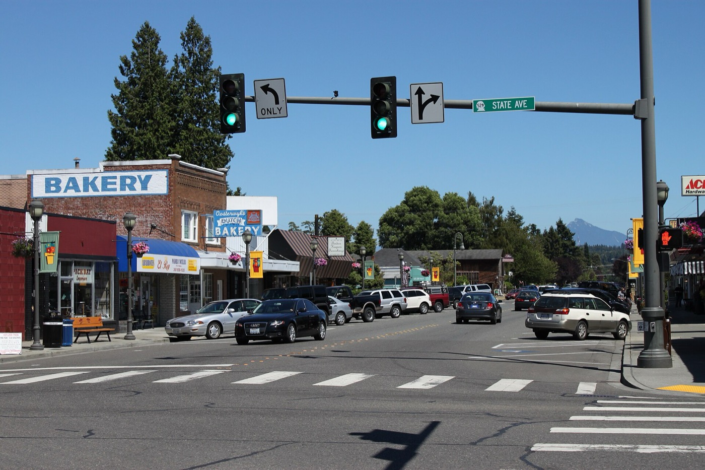 Storefronts along 3rd Street in downtown Marysville, Washington