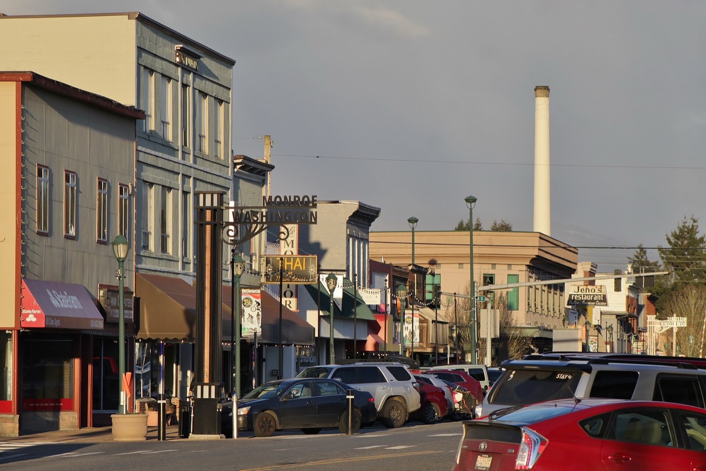Historic storefronts along Main Street in downtown Monroe, Washington, on a winter afternoon