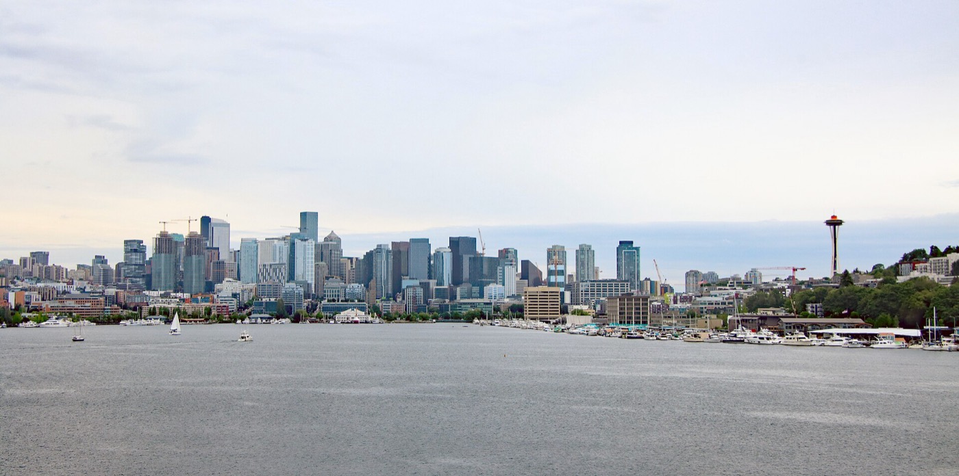 Downtown Seattle high-rises and the Space Needle across Lake Union