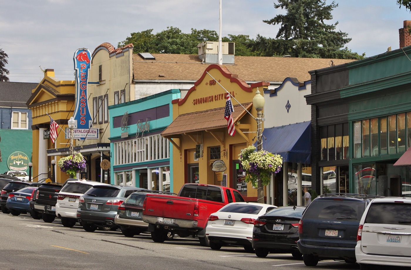 Historic storefronts along 1st Street in downtown Snohomish