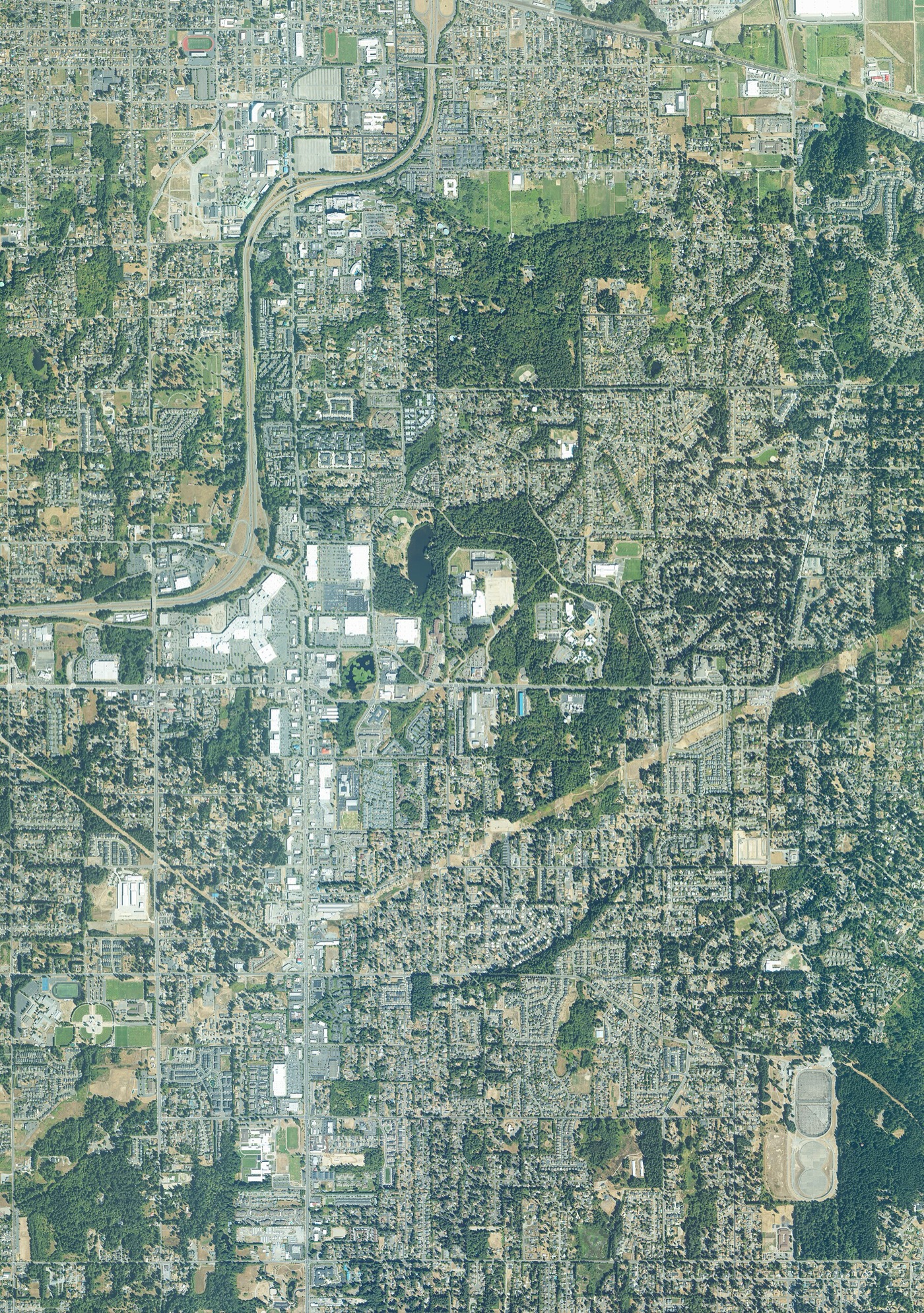 Overhead orthophoto of South Hill and Puyallup showing suburban neighborhoods, highways and tree cover