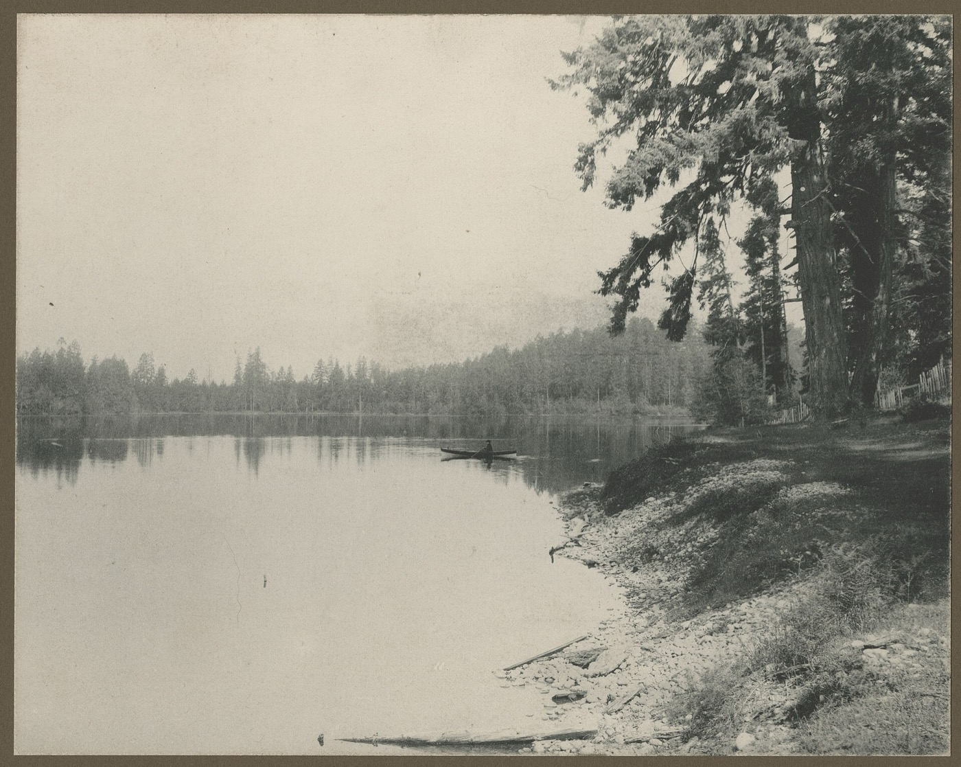Historic photograph of Spanaway Lake with a tree-lined shore and a person in a rowboat