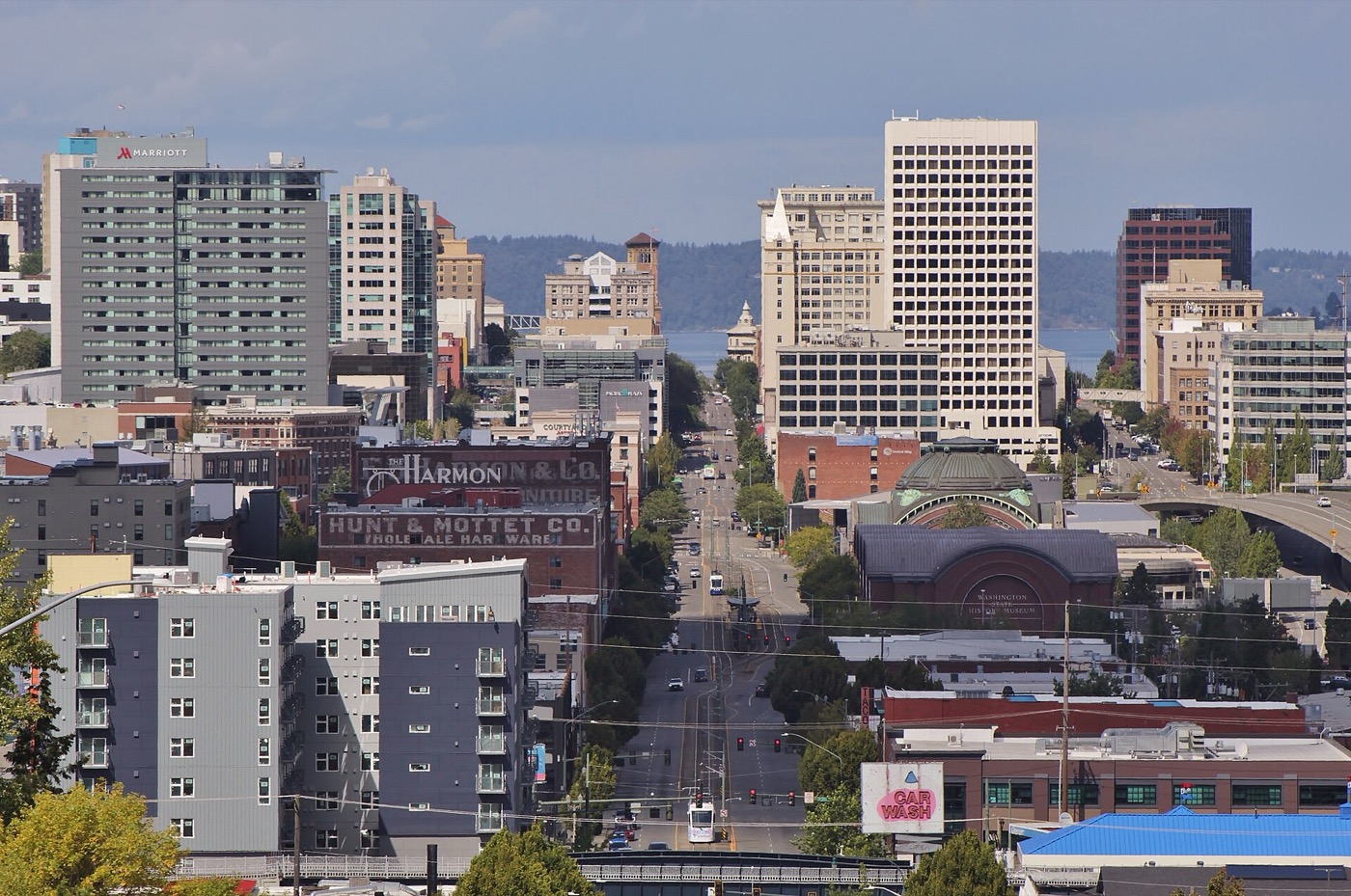 Downtown Tacoma skyline seen looking north up Pacific Avenue near Interstate 5