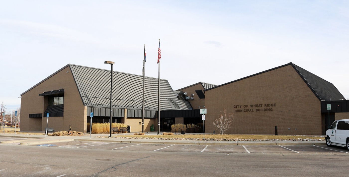 Brown brick City of Wheat Ridge Municipal Building on West 29th Avenue