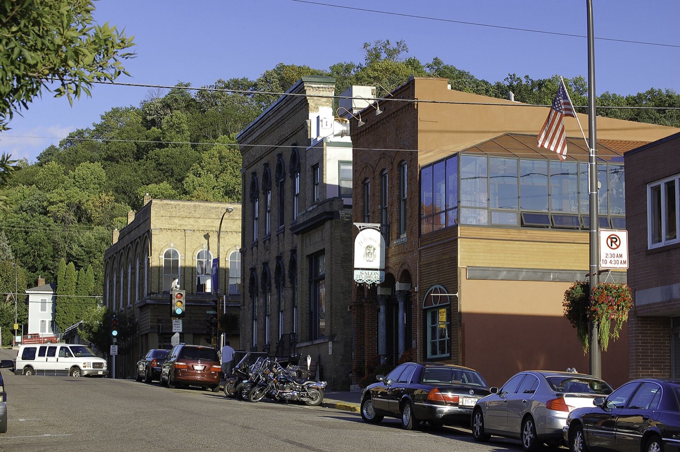 Historic brick storefronts in downtown Hudson, Wisconsin