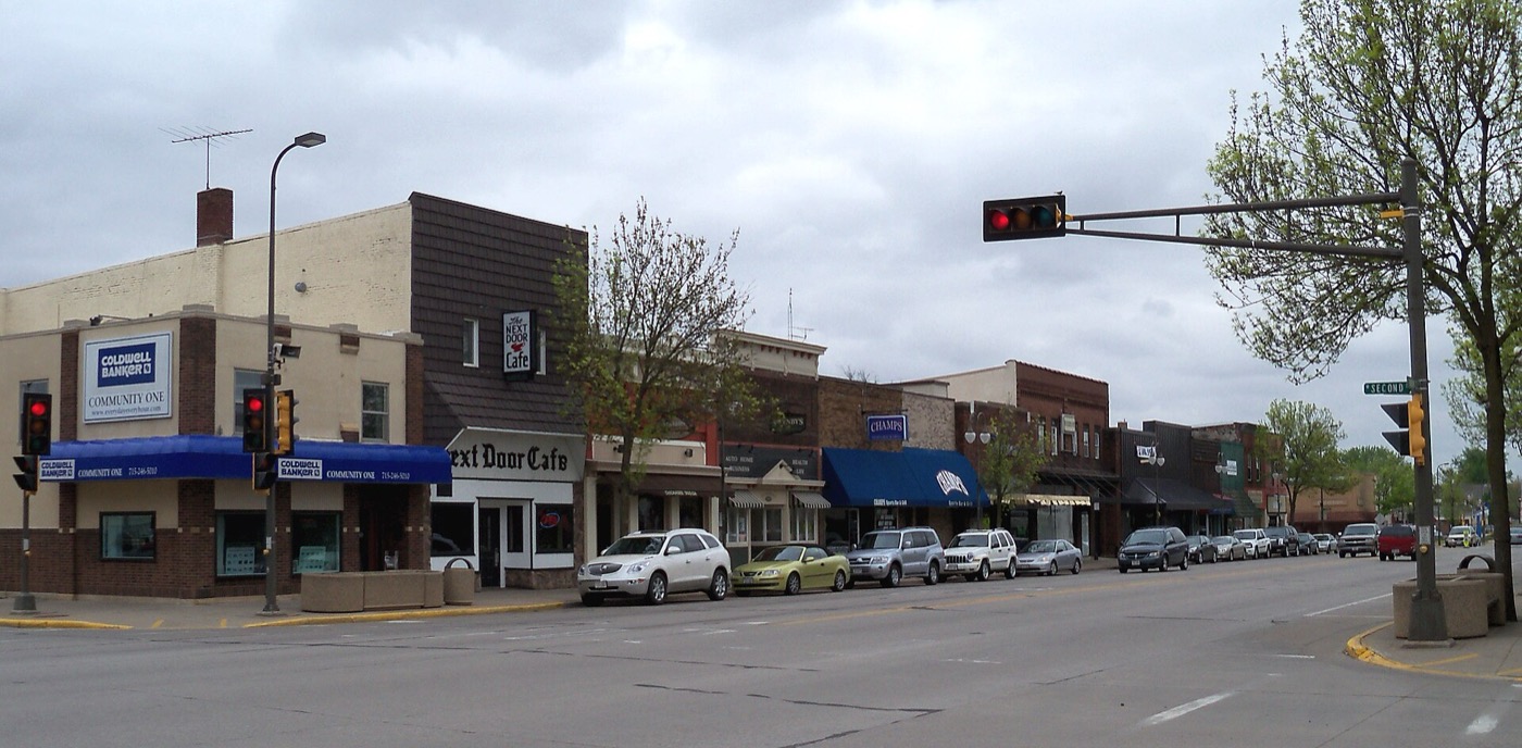 Brick commercial buildings in downtown New Richmond, Wisconsin